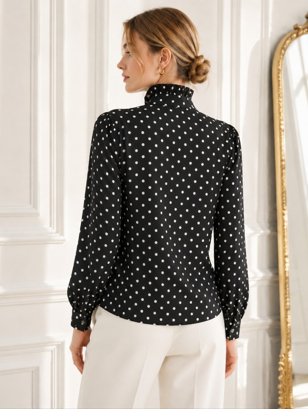 Black & White Polka Dot Ruffle Blouse | Long Sleeve Button Front | XXL - Picture 2 of 8